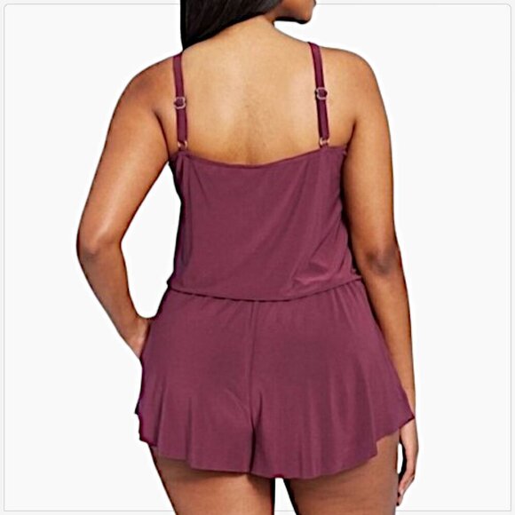 AquaGreen Burgundy Currant High Neck Swim Romper One Piece Swimsuit NWT Plus 20W - Picture 2 of 6